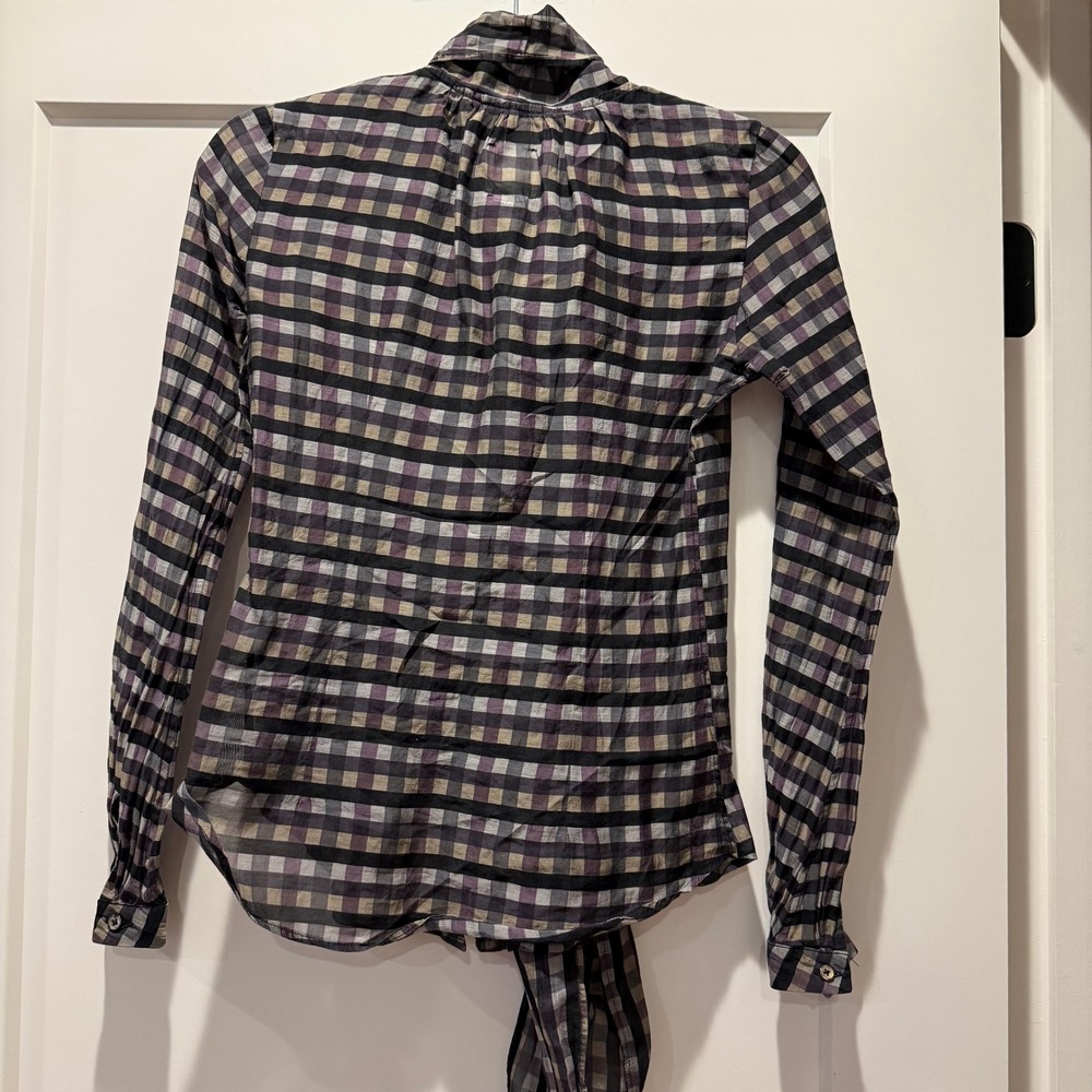 Dark Academia Preppy Billy Reid Sheer Plaid Tie Neck Blouse Size 2 Flawed - Picture 8 of 8